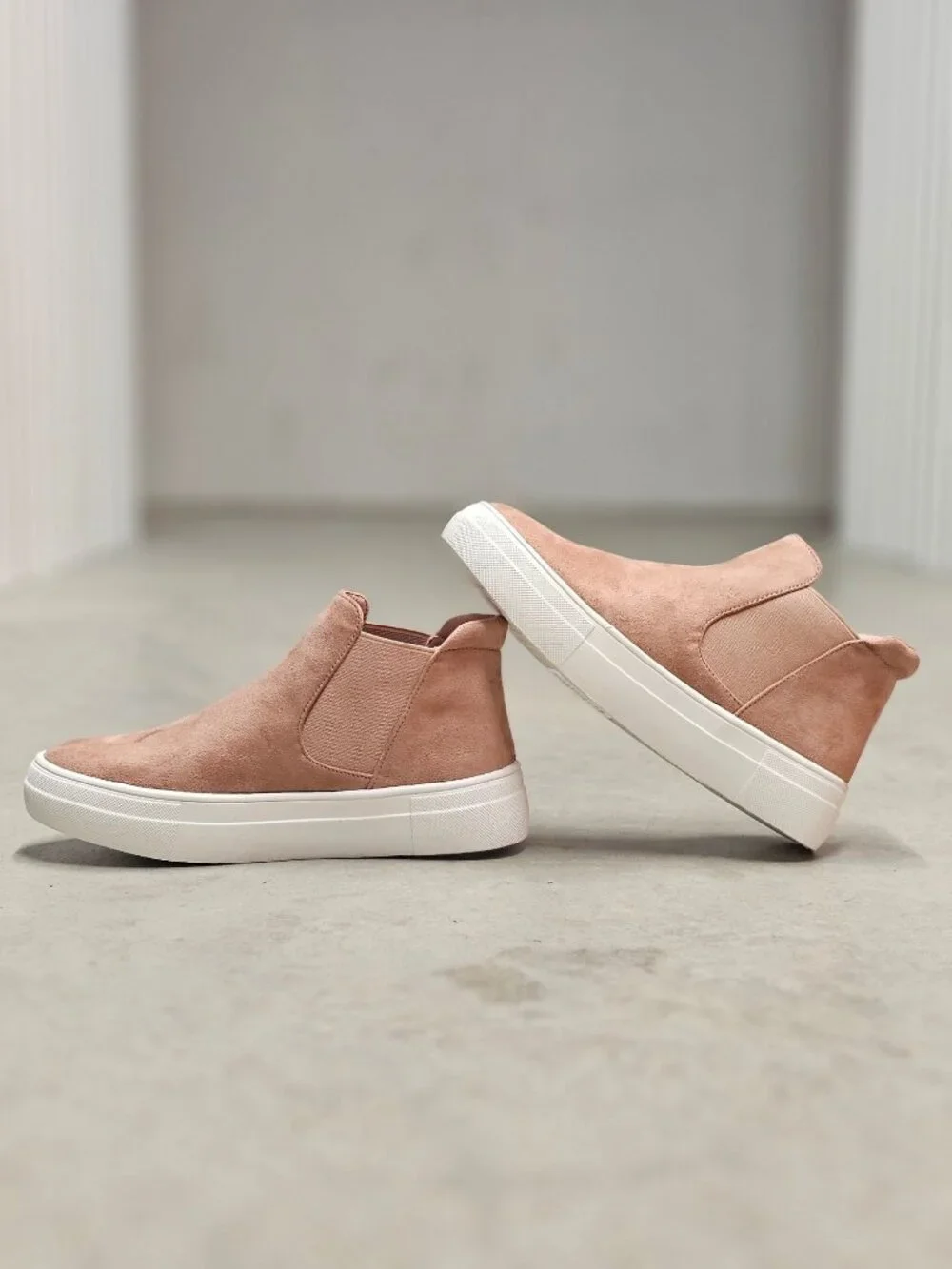 Blush Nubuck Slip-On Platform Sneakers With Elastic Side Panels & White Soles Fo